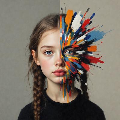 The primary subject of the image is a young girl with a black shirt and braided hair. She is wearing a black shirt and has a ponytail. The setting is a room with a wall, and the visual style is a combination of a photo and digital art. The colors and mood of the image are vibrant and lively, with the girl's face being painted with a colorful design.
